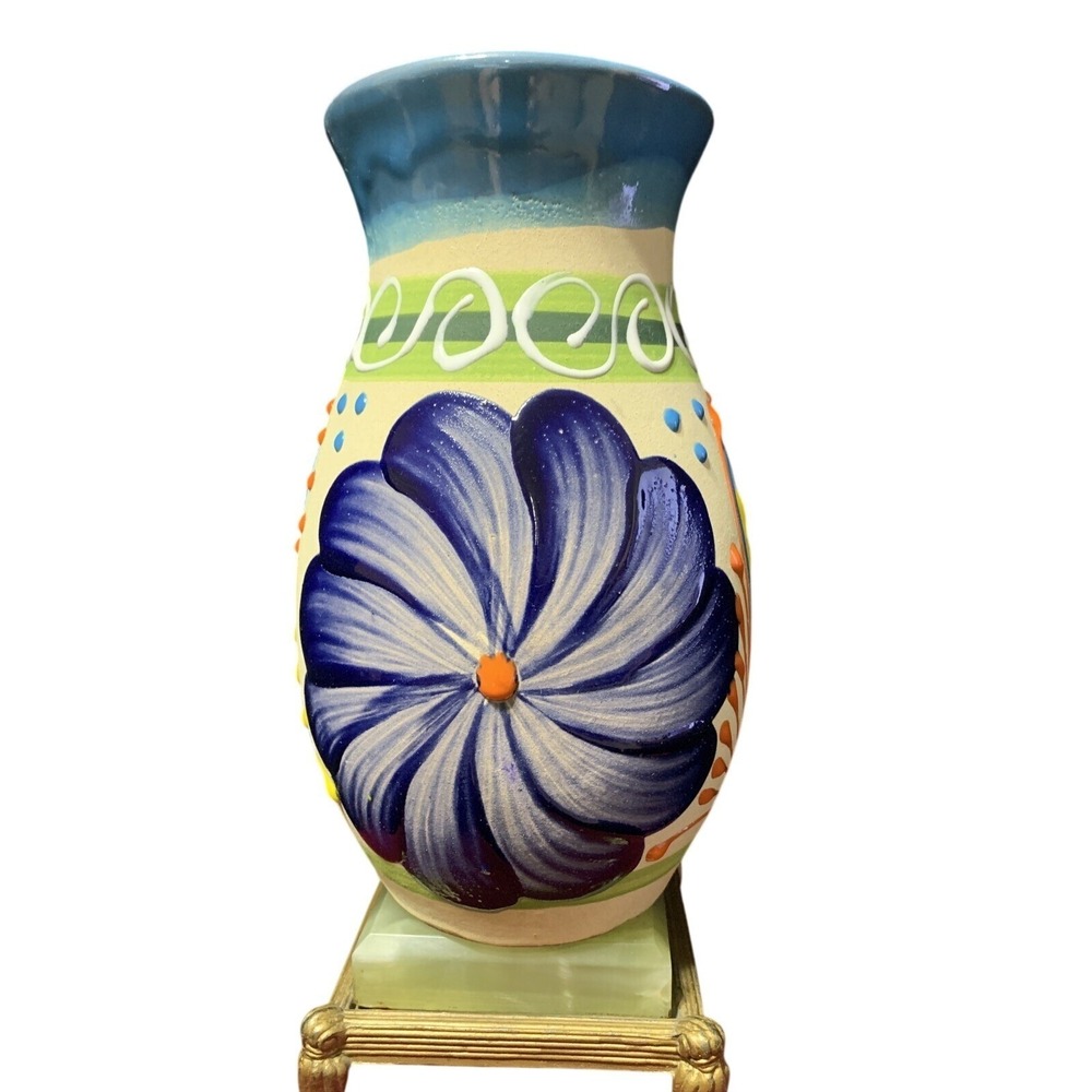 Mexican Talavera Pottery Vase 8.75 in Tall‎ Hand Painted Floral Blue Folk Art